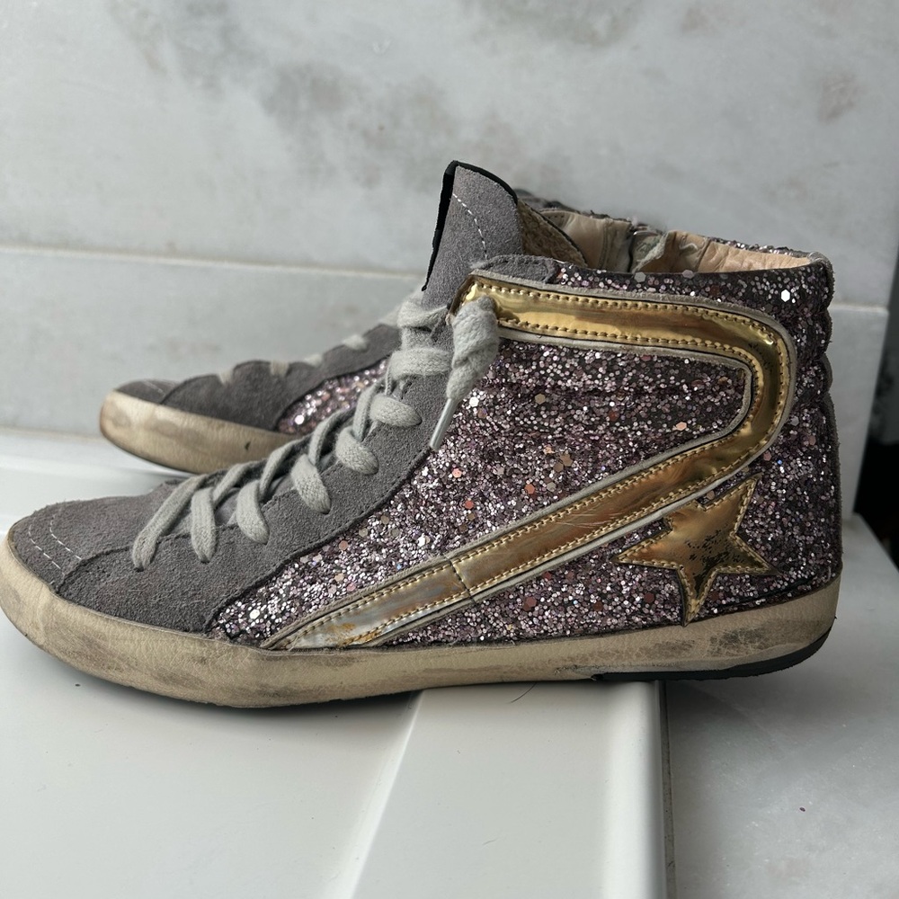 Golden Goose Gray and Gold Glitter High-Top Sneakers